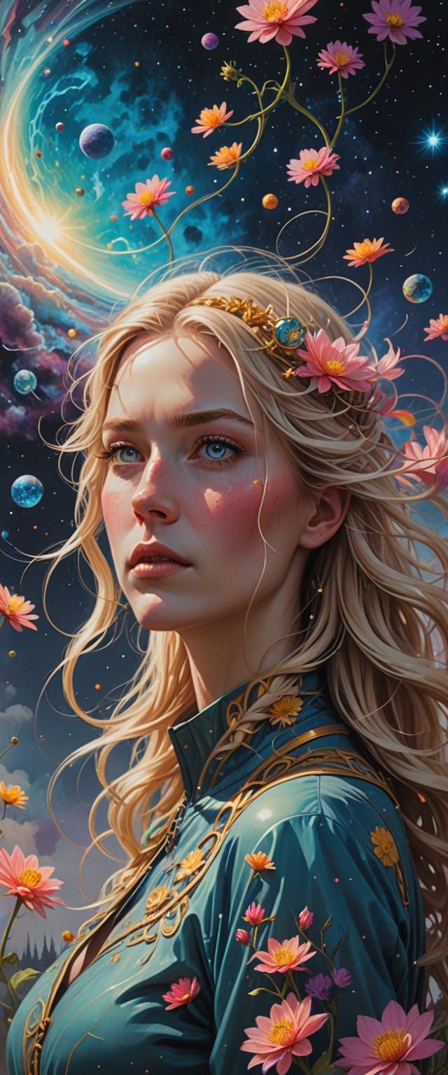 Radiant Nordic Goddess Embodied in Cosmic Rainbow