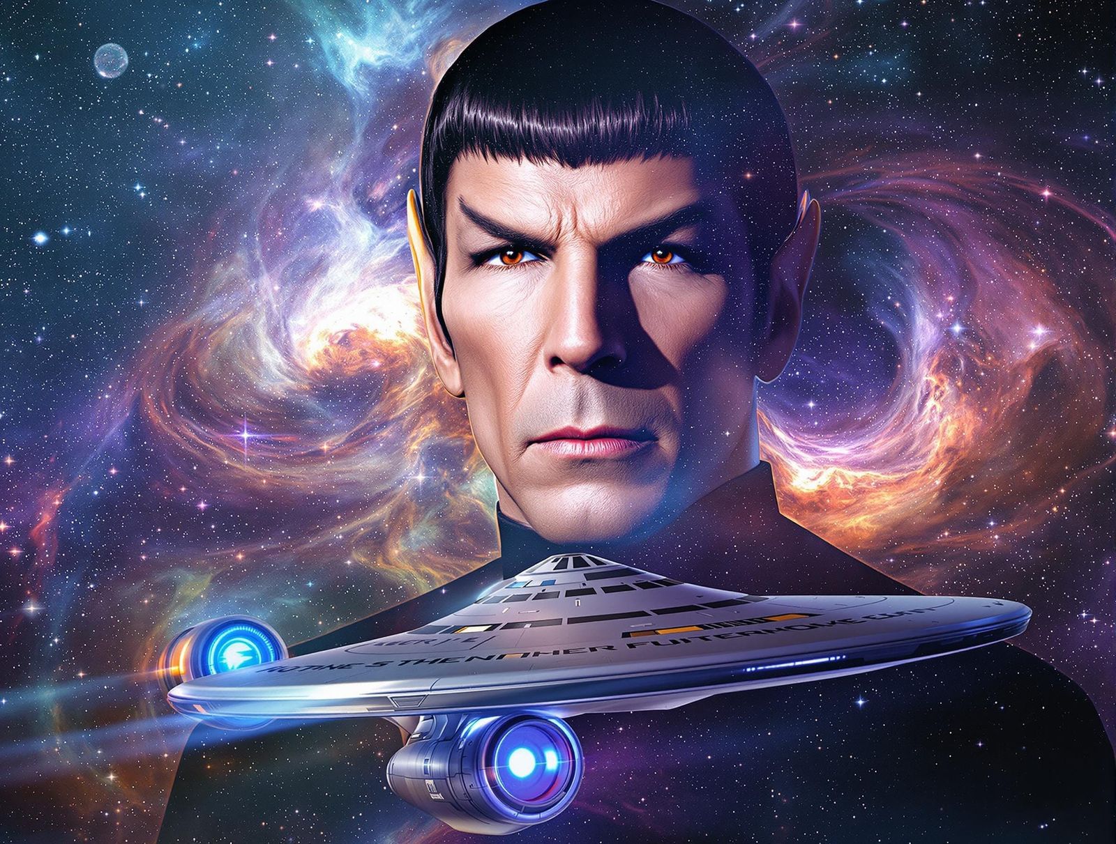 Spock in Cosmic Double Exposure with Starship Enterprise