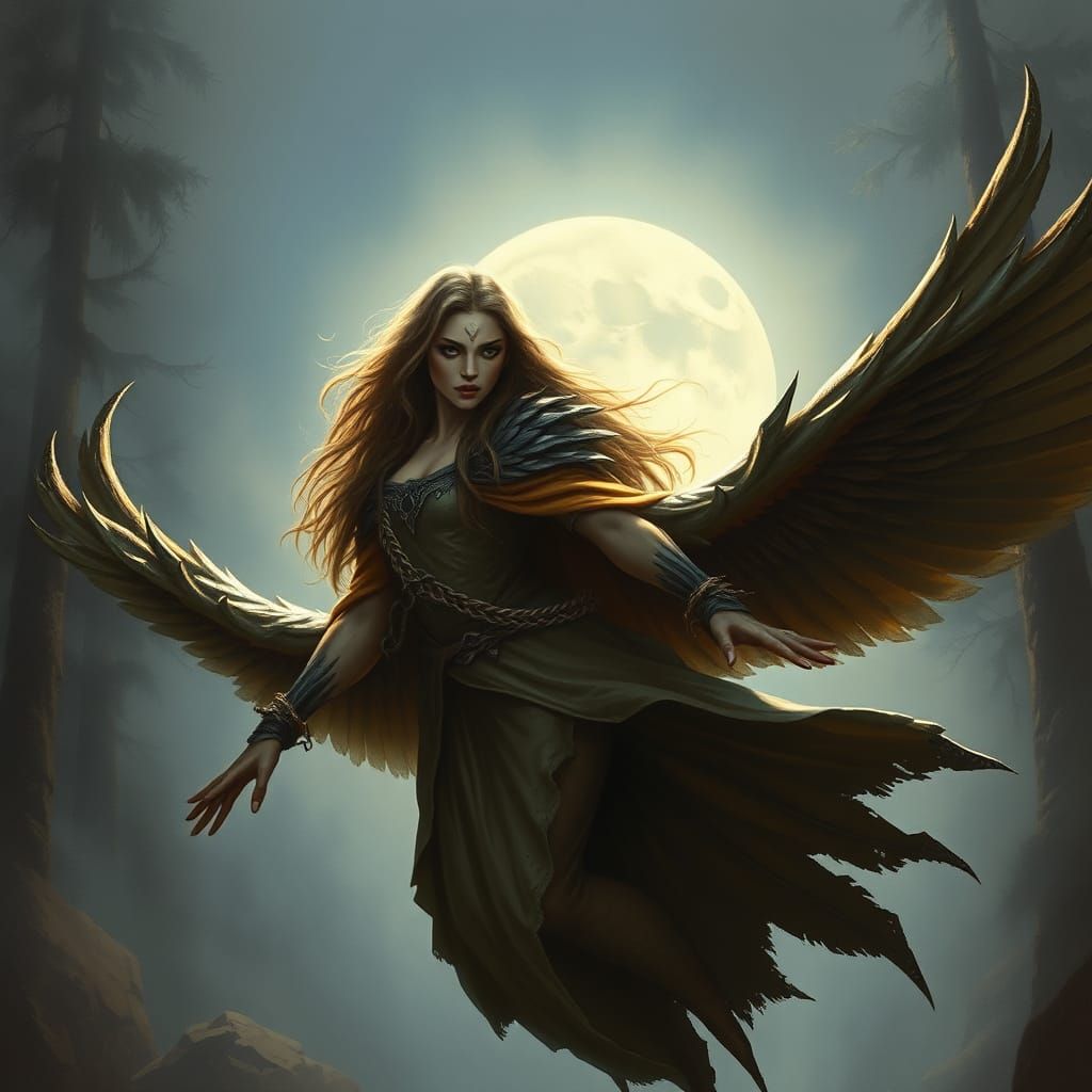 Majestic Bird Woman in a Moonlit Forest