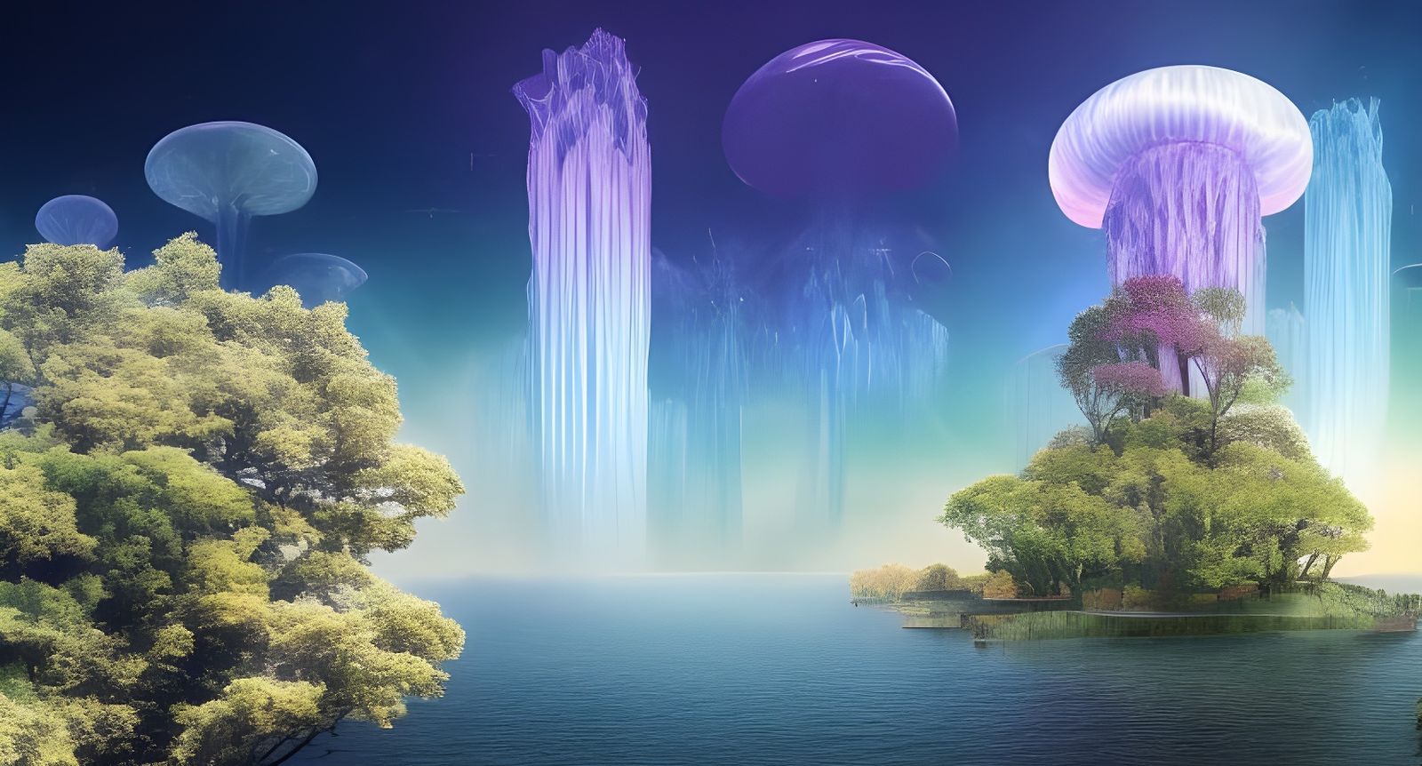 Magical Forest with Flying Creatures and Synthwave Castle