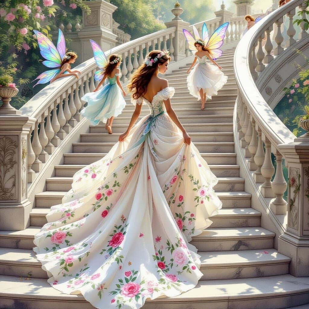 Floral Princess Escaping Down Palace Steps