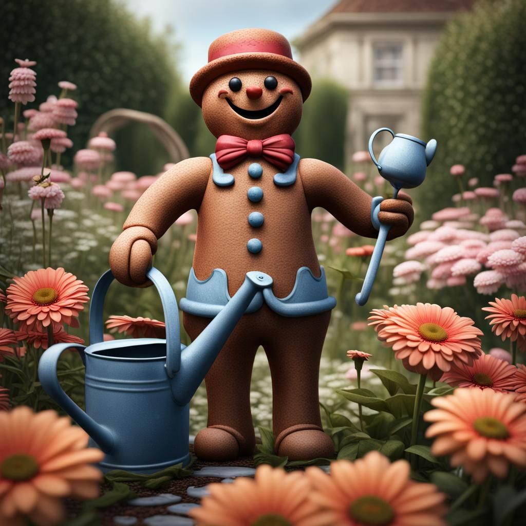 Victorian Gingerbread Man in a Daisy Garden