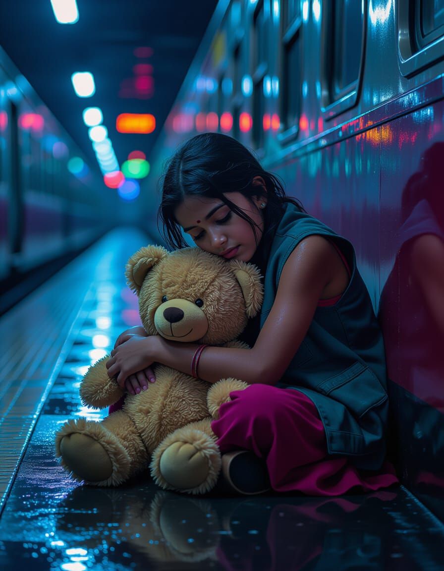 Homeless Girl with Teddy Bear in Neon-lit Train
