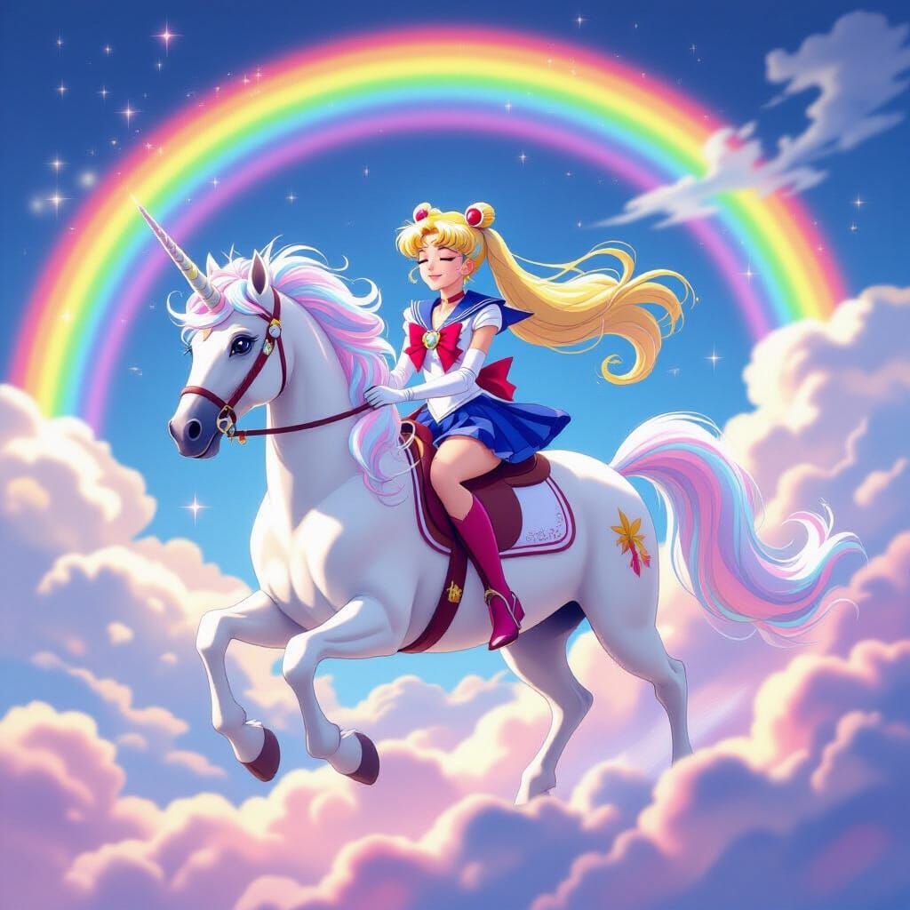 Sailor Moon Rides a Unicorn Through a Rainbow