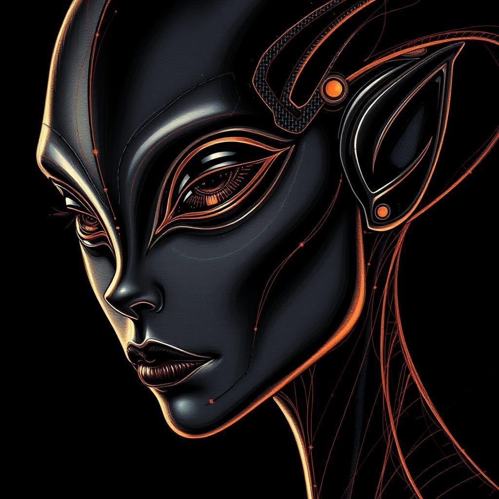 Futuristic Alien Portrait in Copper Scratch Art