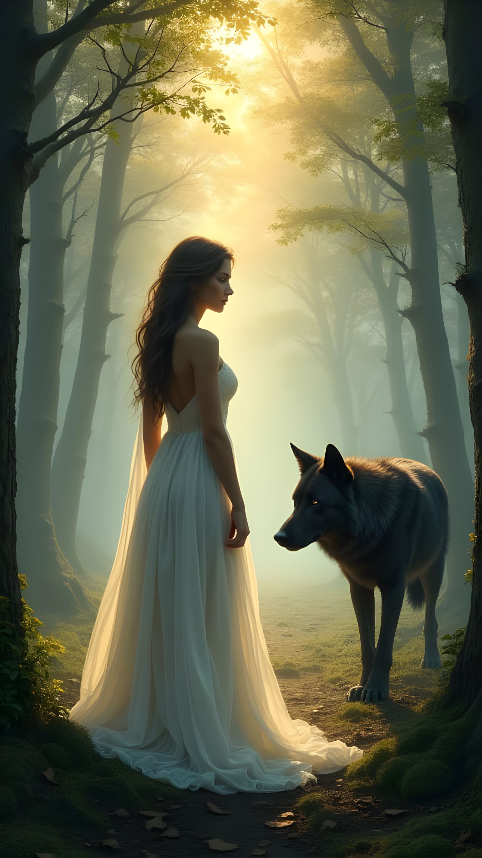 Mystical Forest Dawn: Woman and Protective Wolf