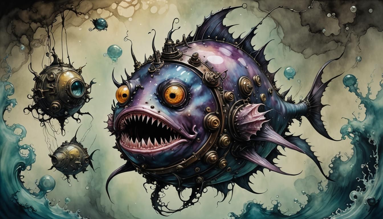 Dieselpunk Anglerfish in Gothic Alcohol Ink Style