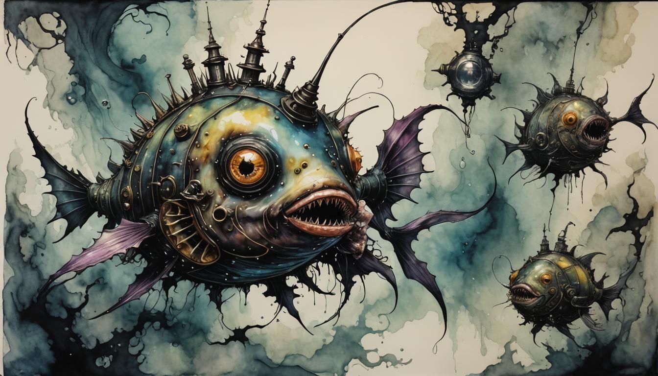 Dieselpunk Anglerfish in Burton-Maruo Style