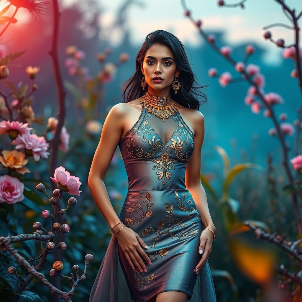 Indian Supermodel in Metallic Dress with Floral Embroidery
