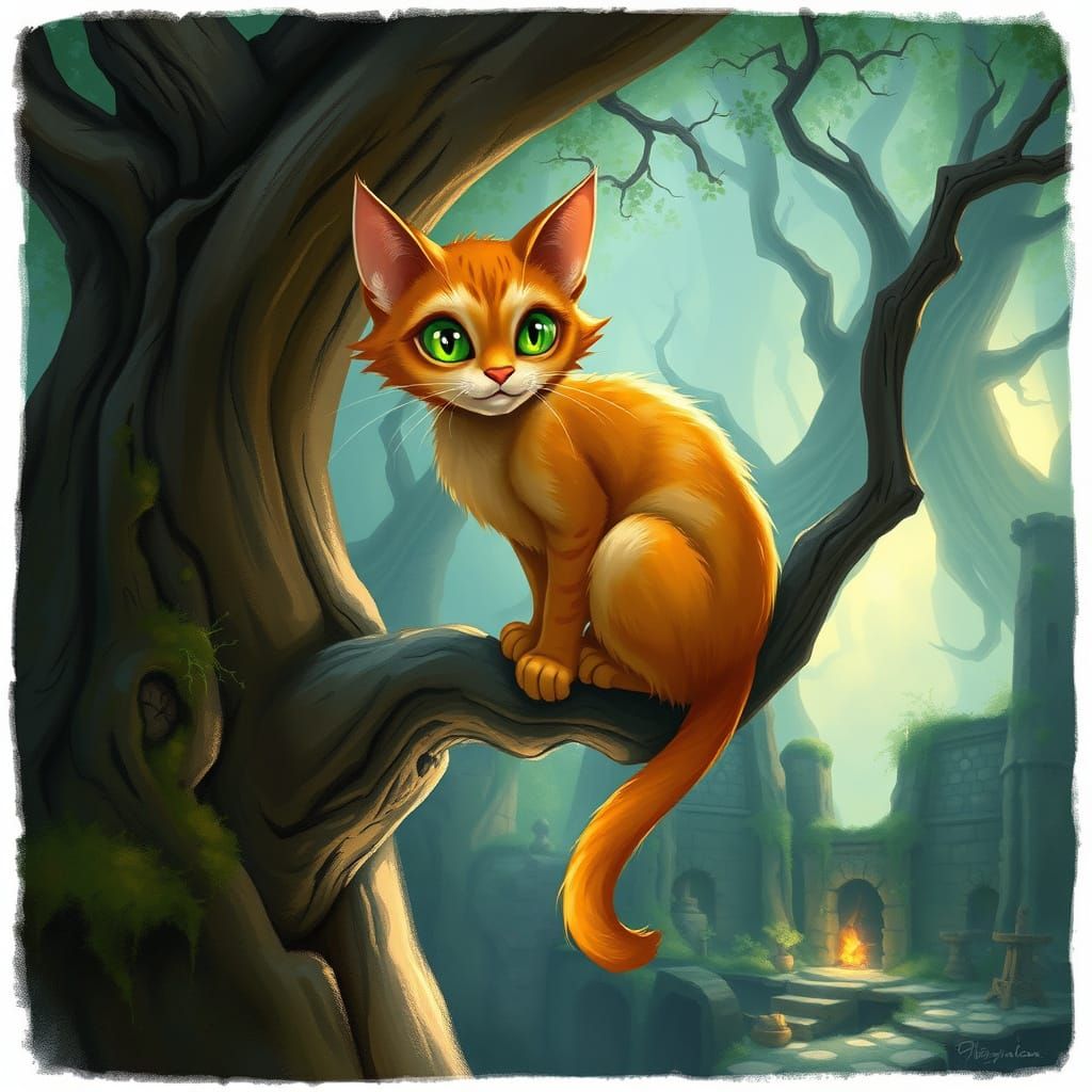 Curious Cat in Ancient Grove Storybook Illustration