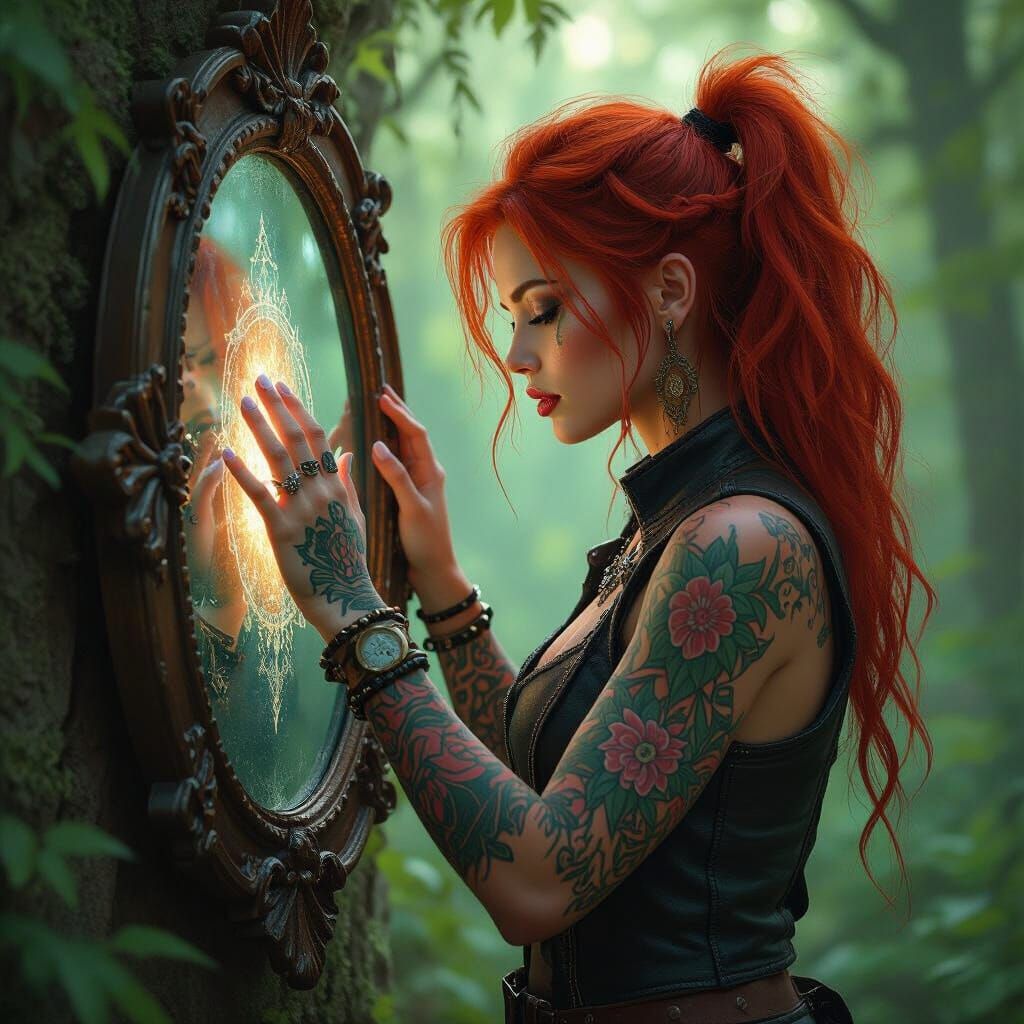 Redhead with Tattoos and Mystical Mirror