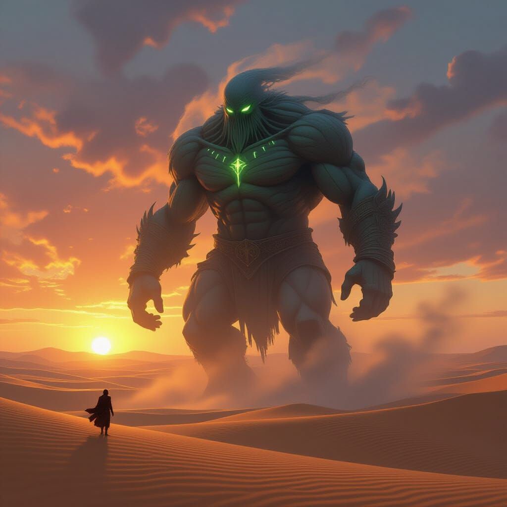 Mist Golem Emerges at Sunset in Ethereal Fantasy