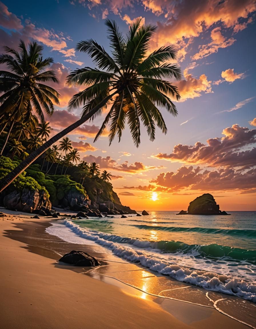 Tropical Beach Sunset: Vibrant and Tranquil Paradise