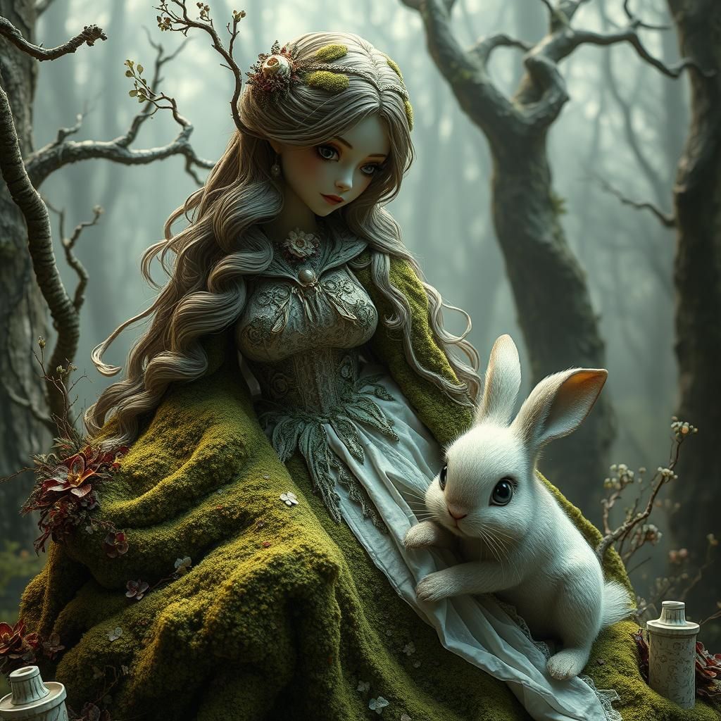 Eternity Forest Woman and Rabbit in Hyperrealism