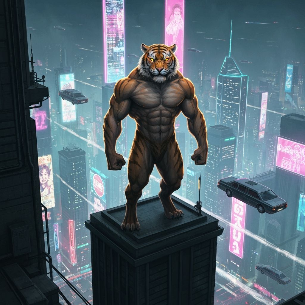 Cyberpunk Tiger on Skyscraper in Digital Painting Style