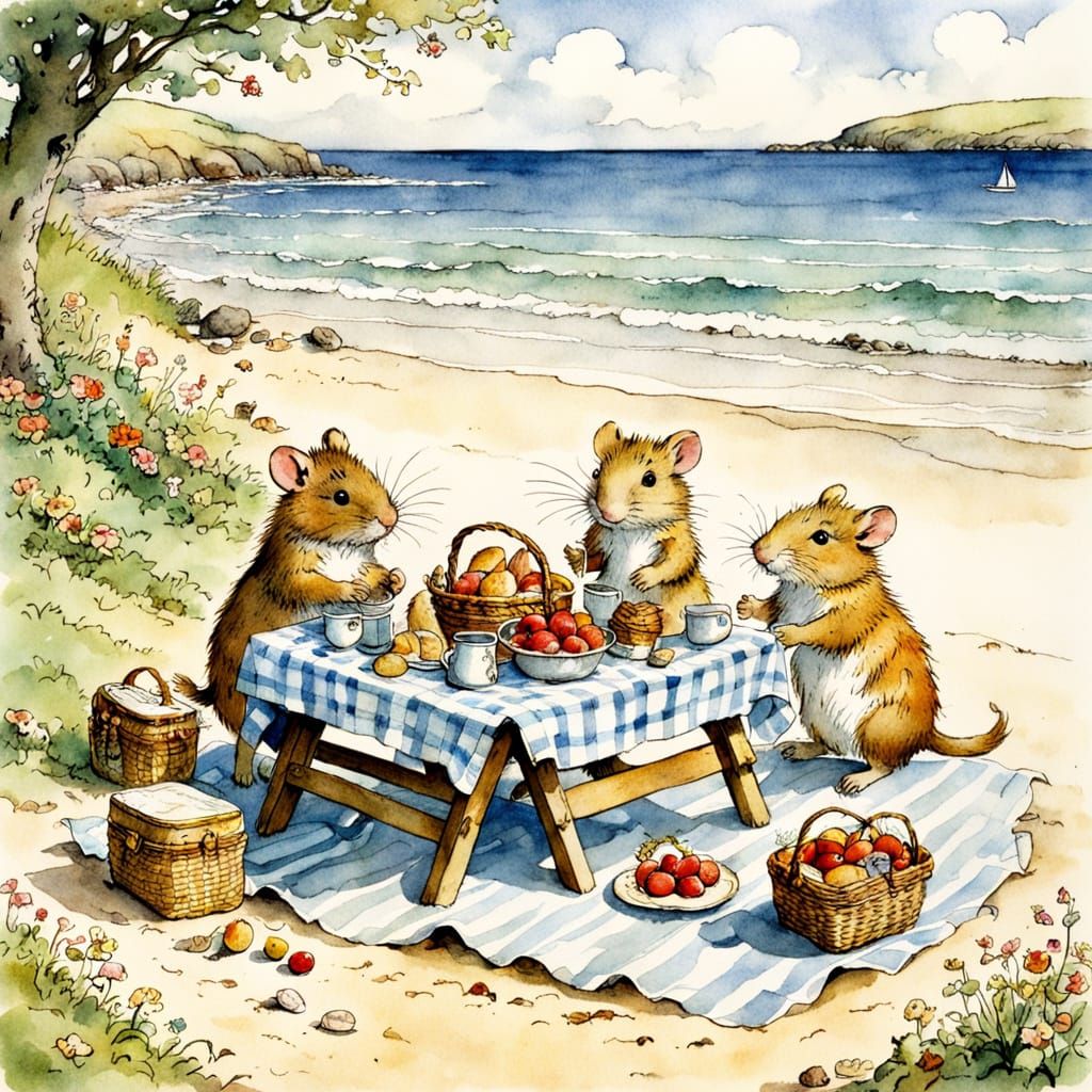 Classic Beachside Picnic in Vintage Watercolour Style