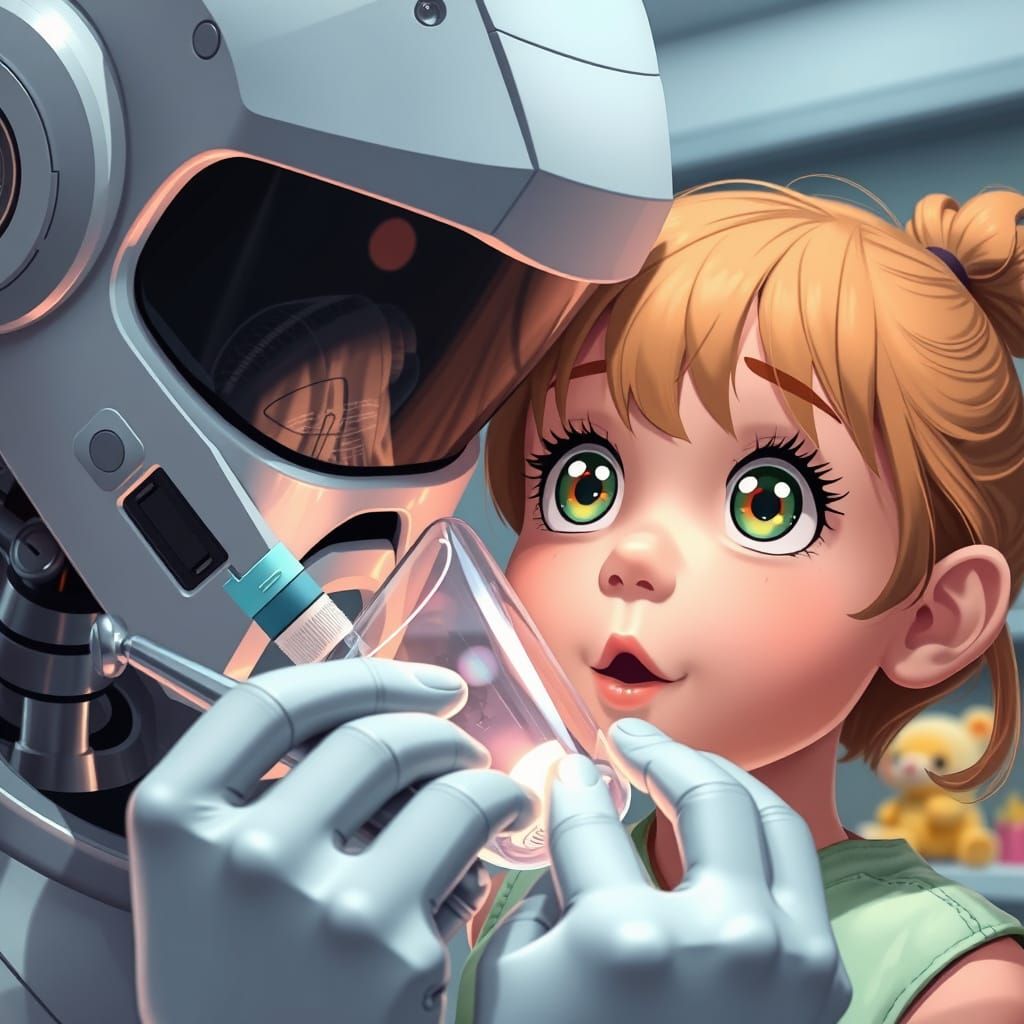 Robot Dentist and Toddler in Anime Style