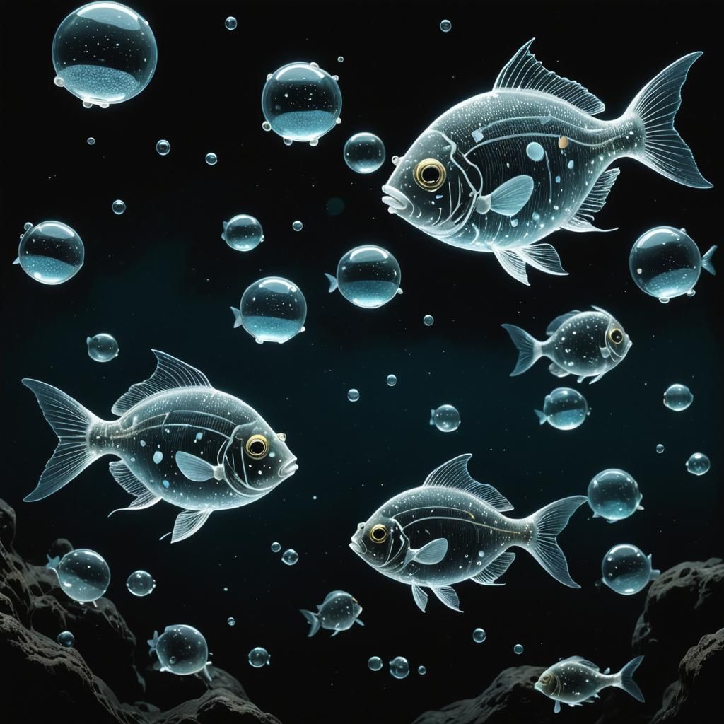 Bioluminescent Glass Fish School in Deep Black Water