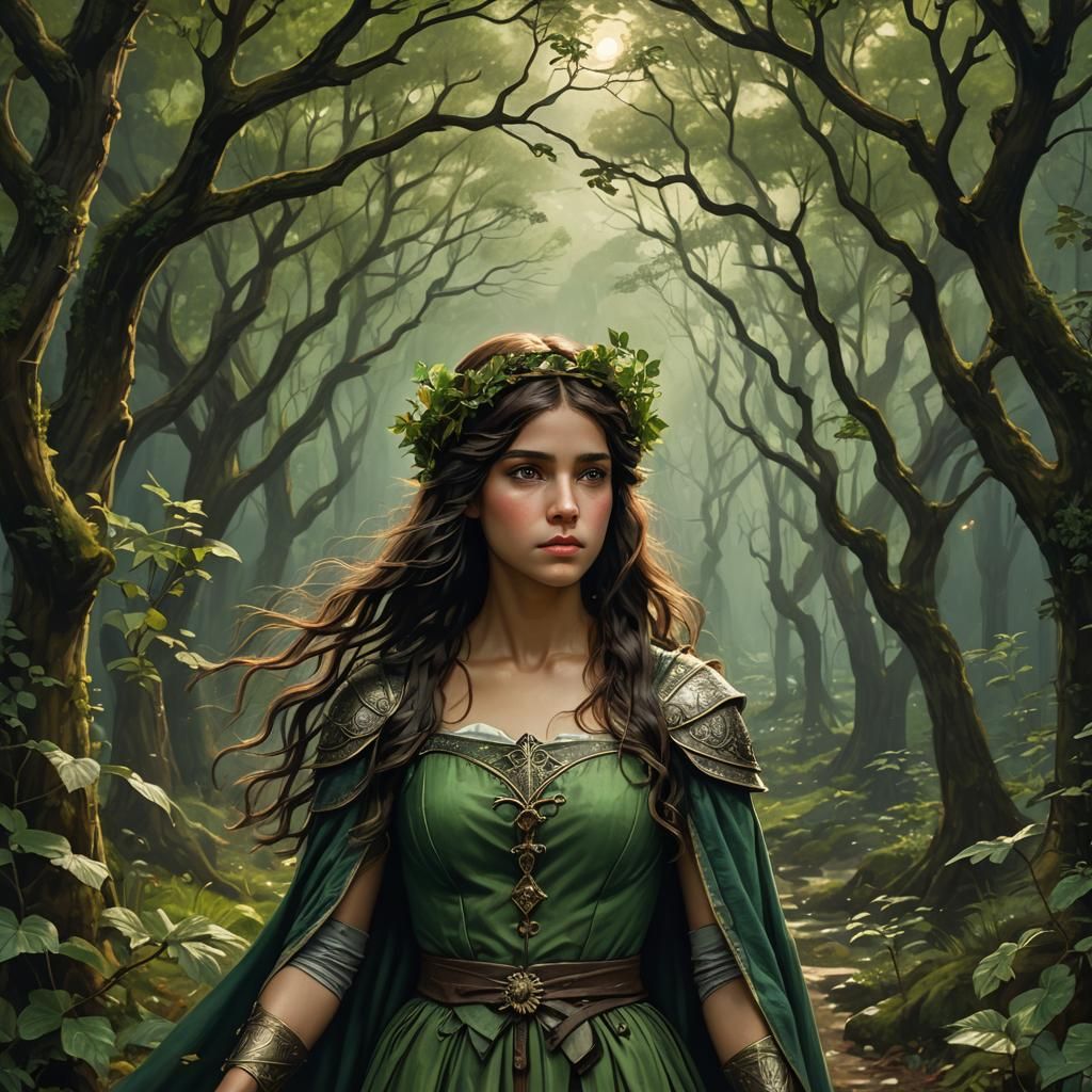Medieval Fantasy: Knight and Nymph in Moonlit Forest