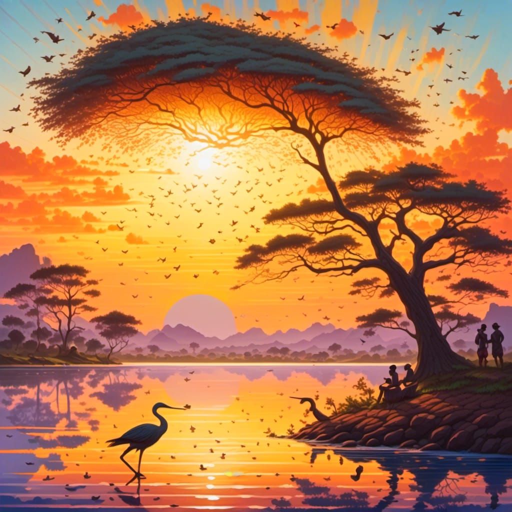 Sunset Silhouette: Tree Reflected in Golden Lake