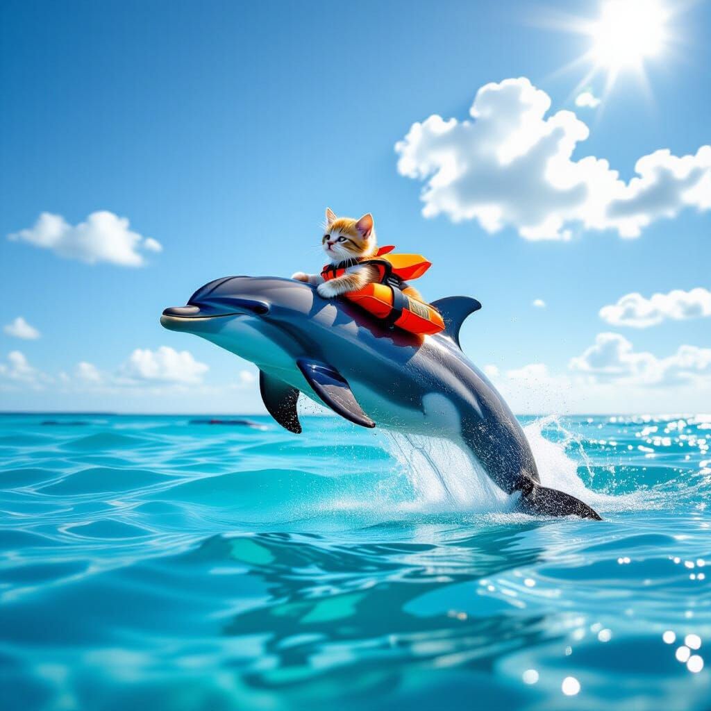 Dolphin and Kitten Leaping in Turquoise Sea: Photorealistic ...