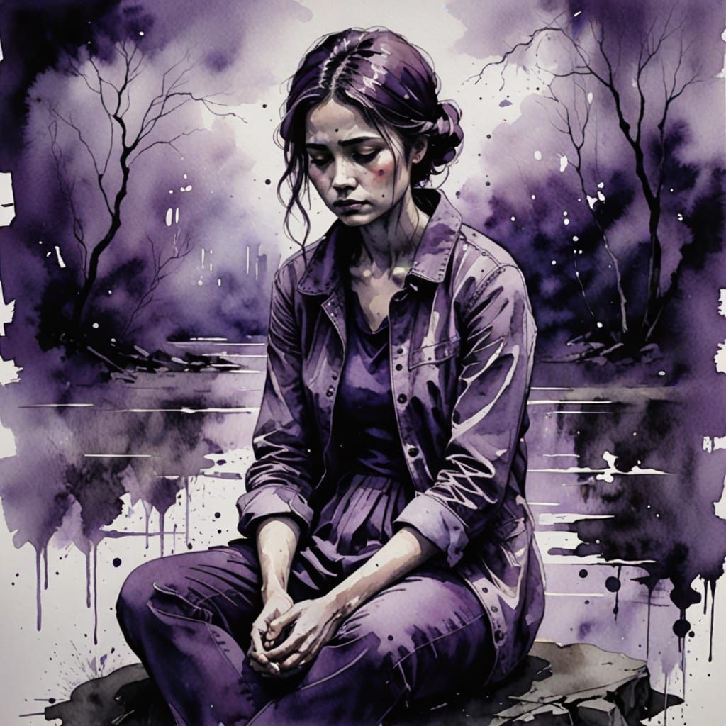 Melancholy Woman in Despair: Rough Watercolor Painting