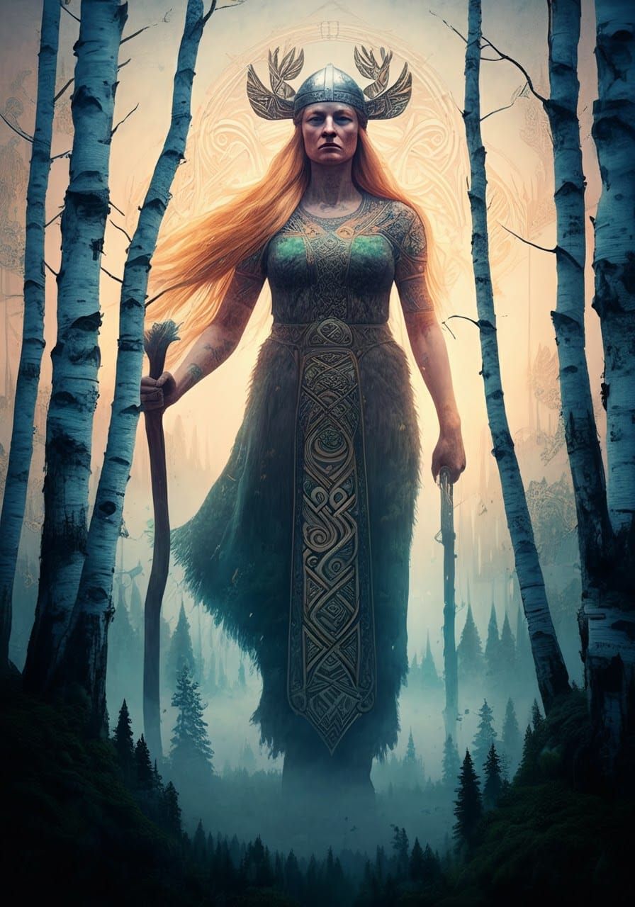 Norse Giantess Embraces Birch Trees in a Vibrant Watercolor...