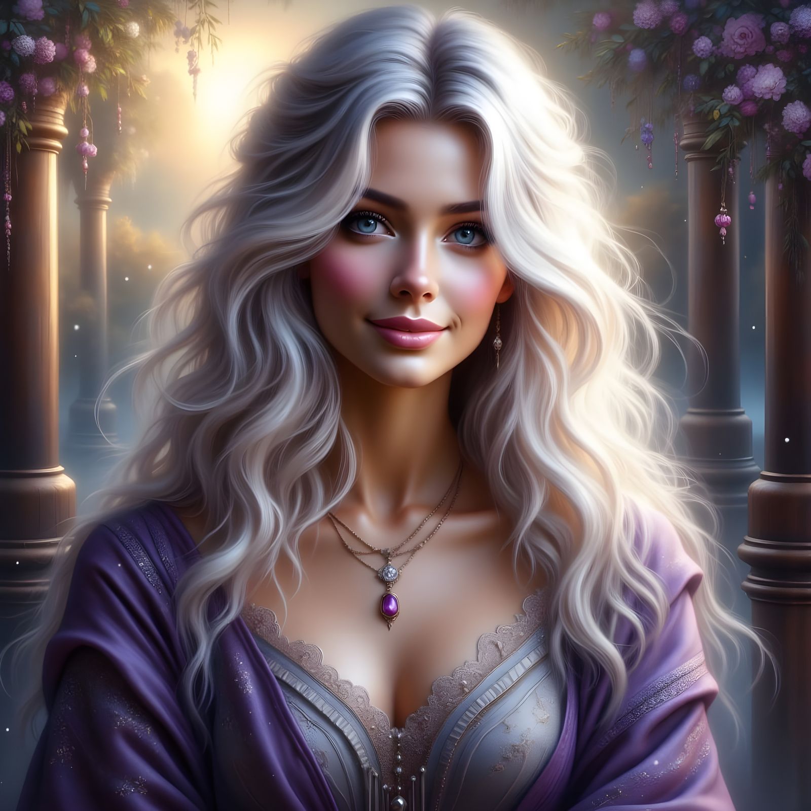 Ethereal Norse Goddess with Violet Cape and Ruby Pendant