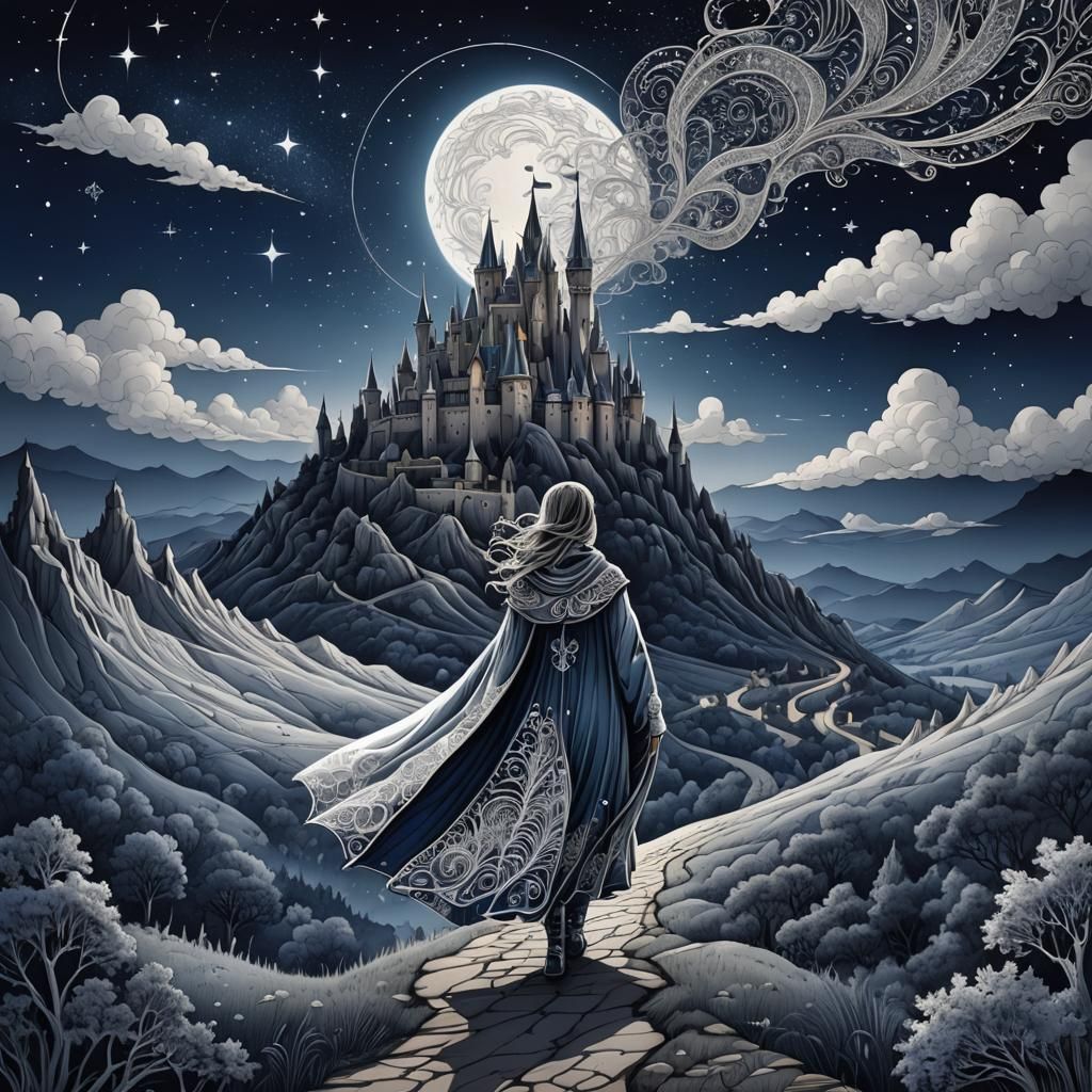 Girl in Silver Cloak: Zentangle Art Landscape