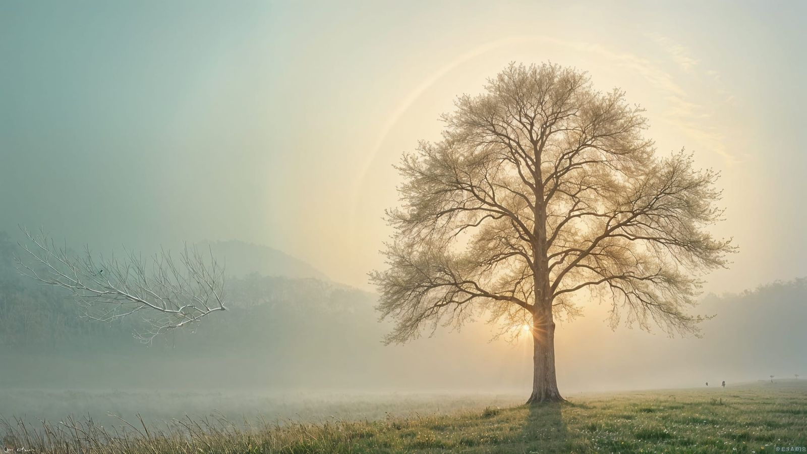 Ethereal Tree Branches Dance in Dreamlike Pastel Landscape