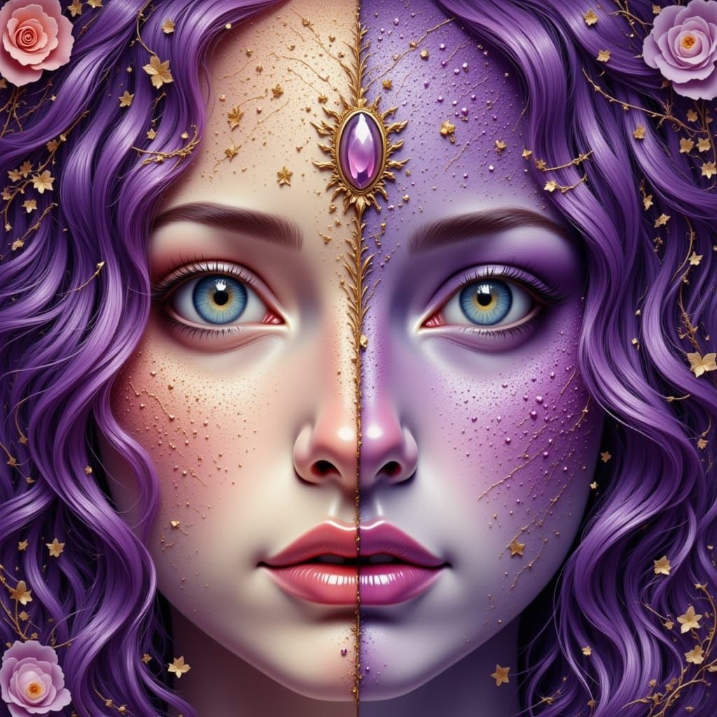 Feminine Portrait Split by Shimmering Boundary in Art Nouvea...