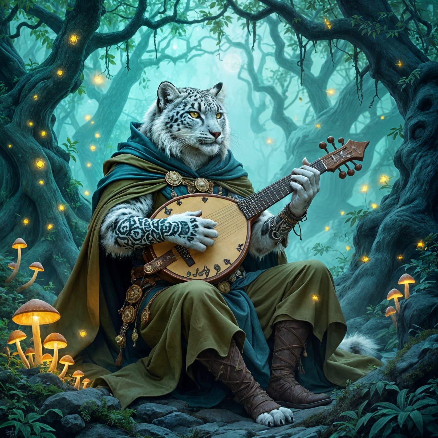 Snow Leopard Bard's Haunting Melody in Mystic Forest