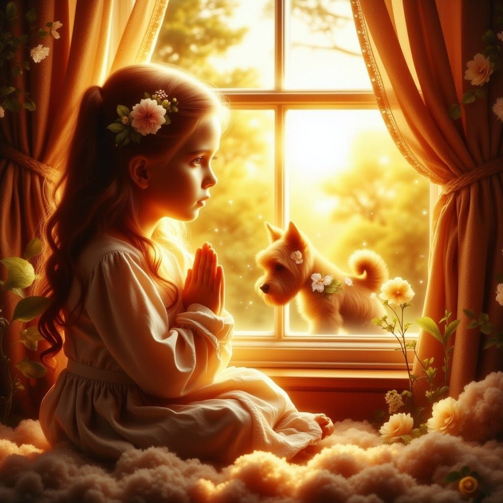 Girl's Puppy Wish in Warm Golden Light