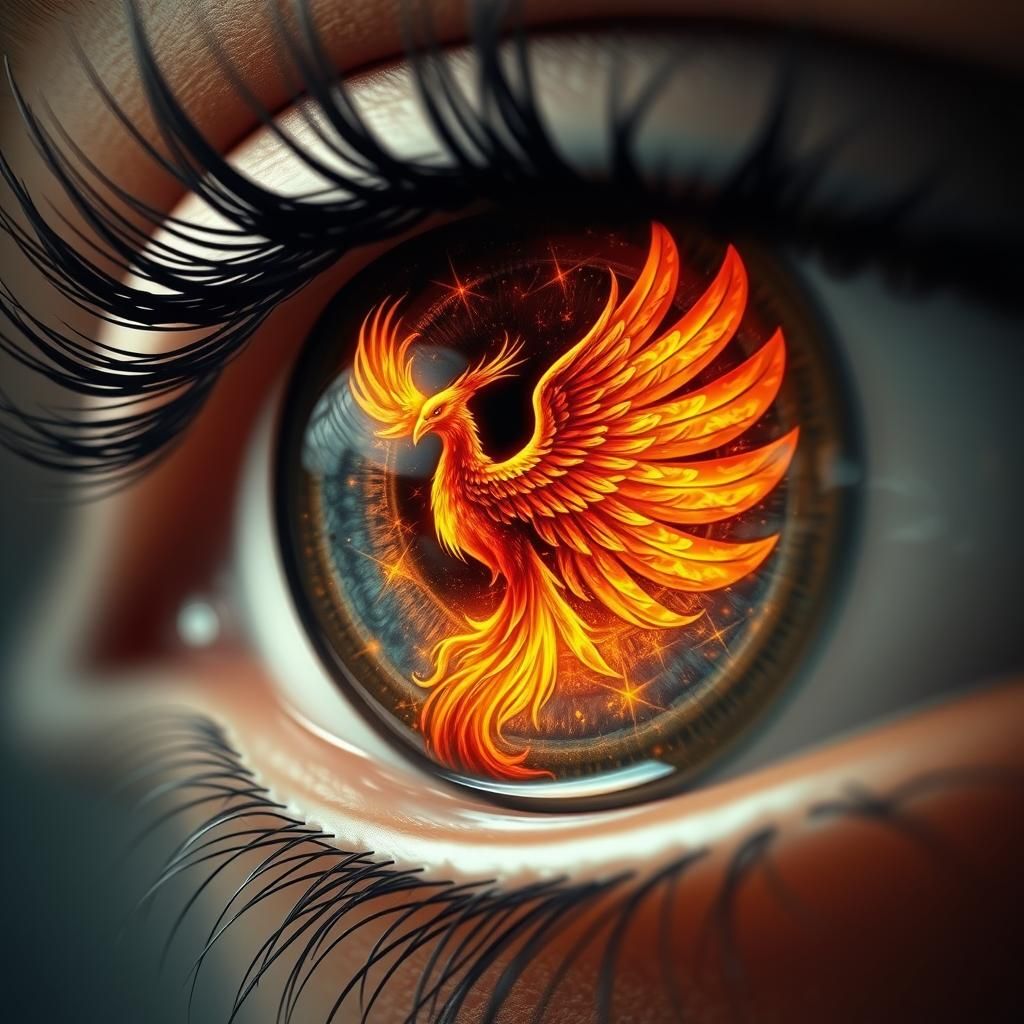 Phoenix Reflection in Obsidian Eye, Surreal Art Style
