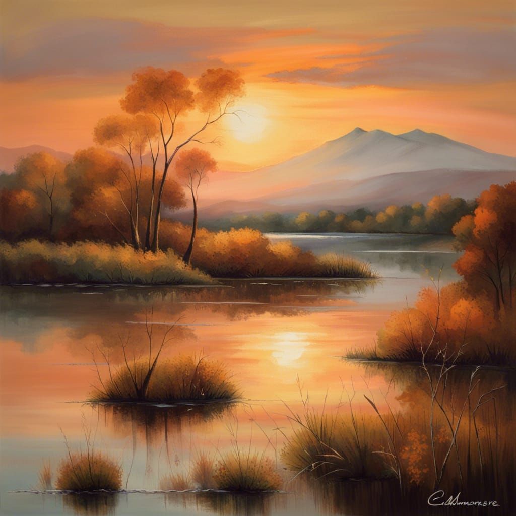 Tranquil Sunset Landscape in Impressionist Style