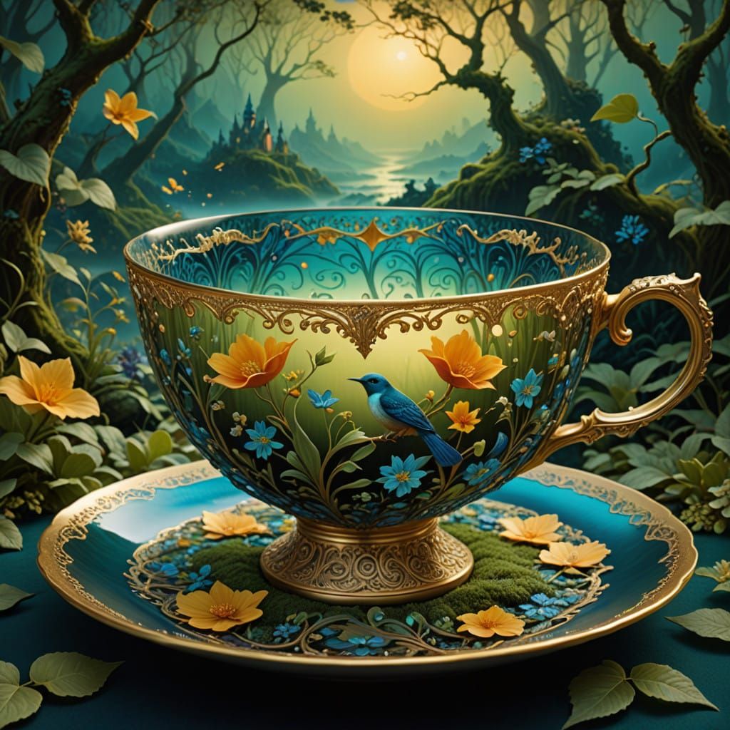 Enchanted Realm Within an Antique Teacup