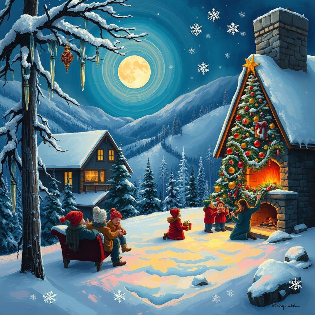 Mountain Christmas Serenity in Vibrant Abstract Art