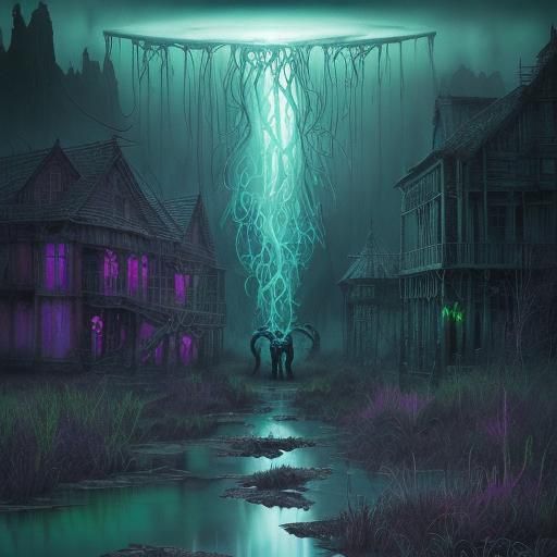 Surreal Neon Swamp Scene in Watercolor Style
