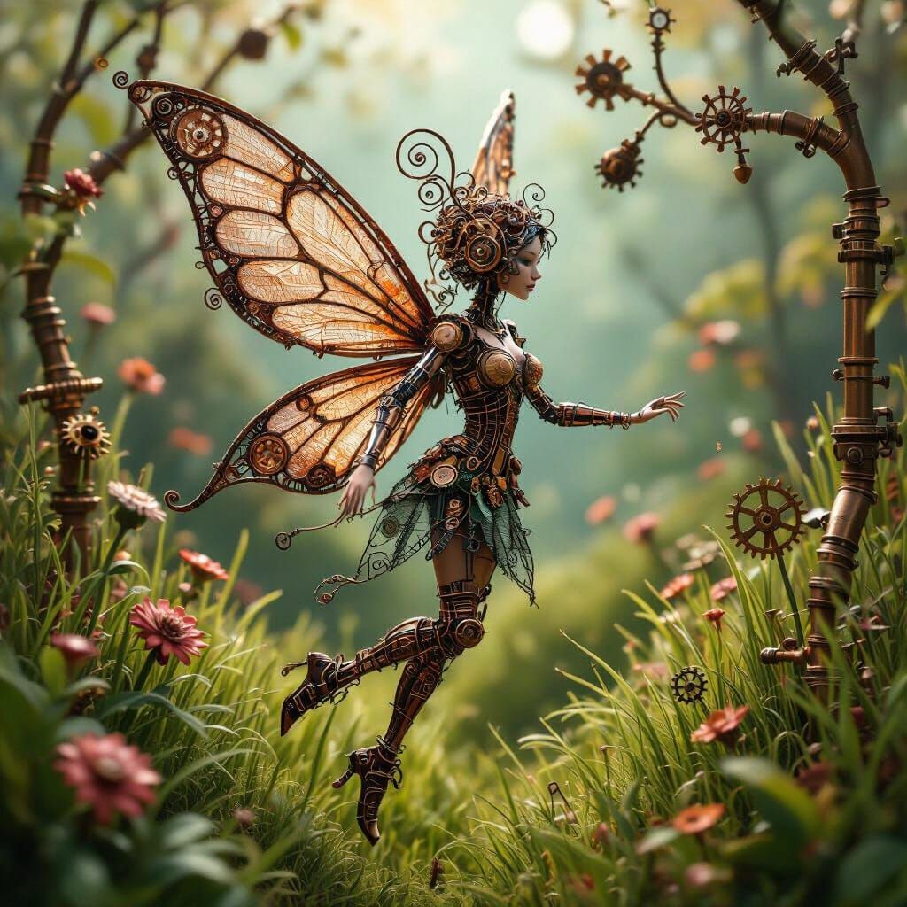 Steampunk Fairy in a Mechanical Garden