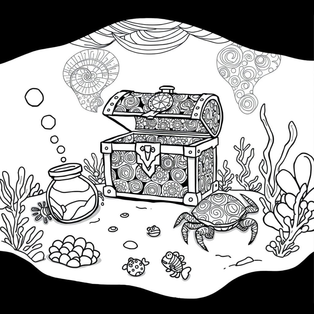 Underwater World in Black and White Line Drawing with Treasu...
