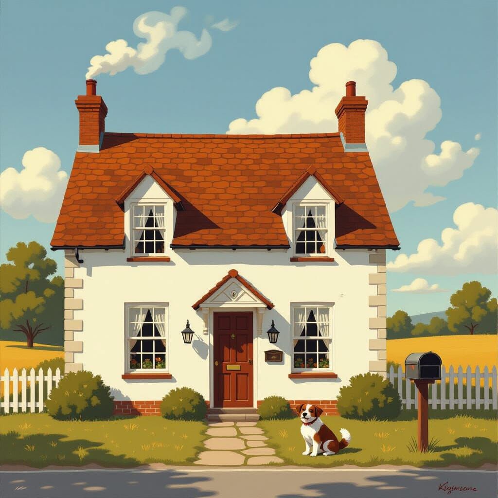 Charming Country House with Dog in Pastoral Oil Painting Sty...