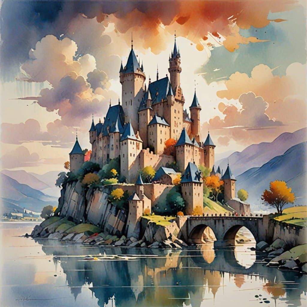 Whimsical Fairytale Castle in Pastel Sky