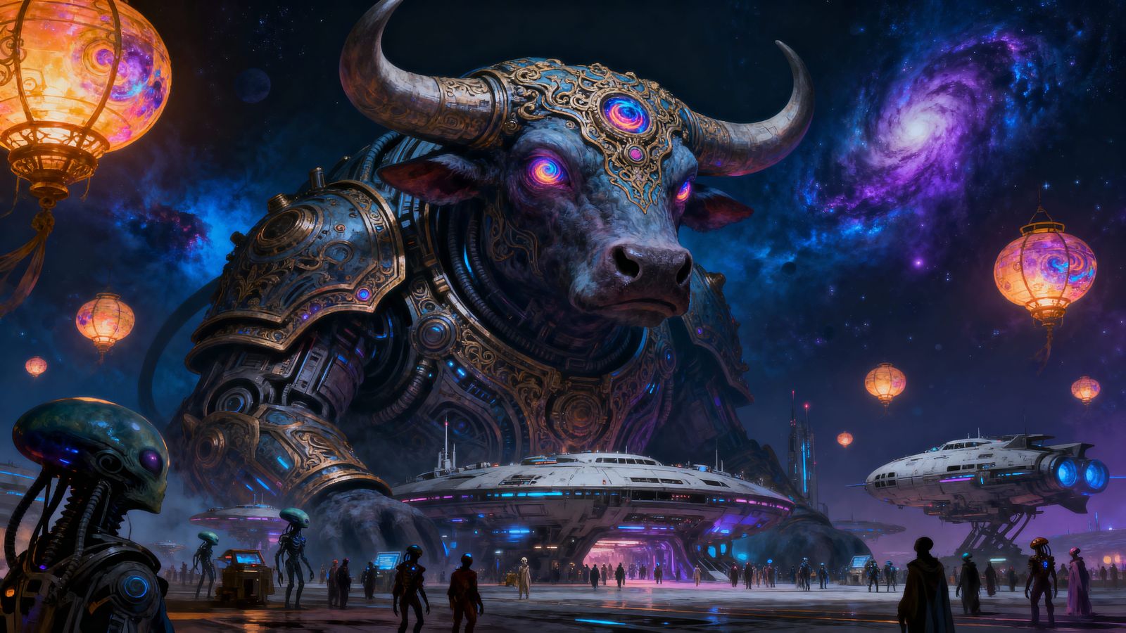 Ancient Bovine Alien Guards Busy Spaceport in Cosmic Horror ...