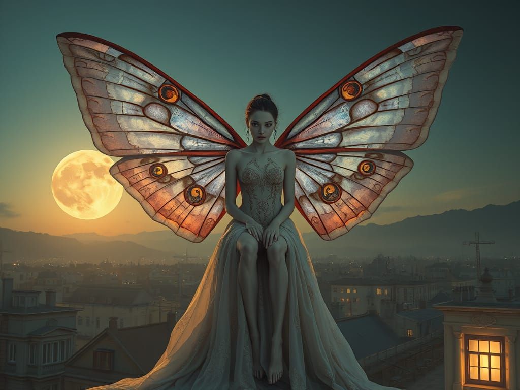 Ethereal Moth Goddess on a Forgotten Rooftop