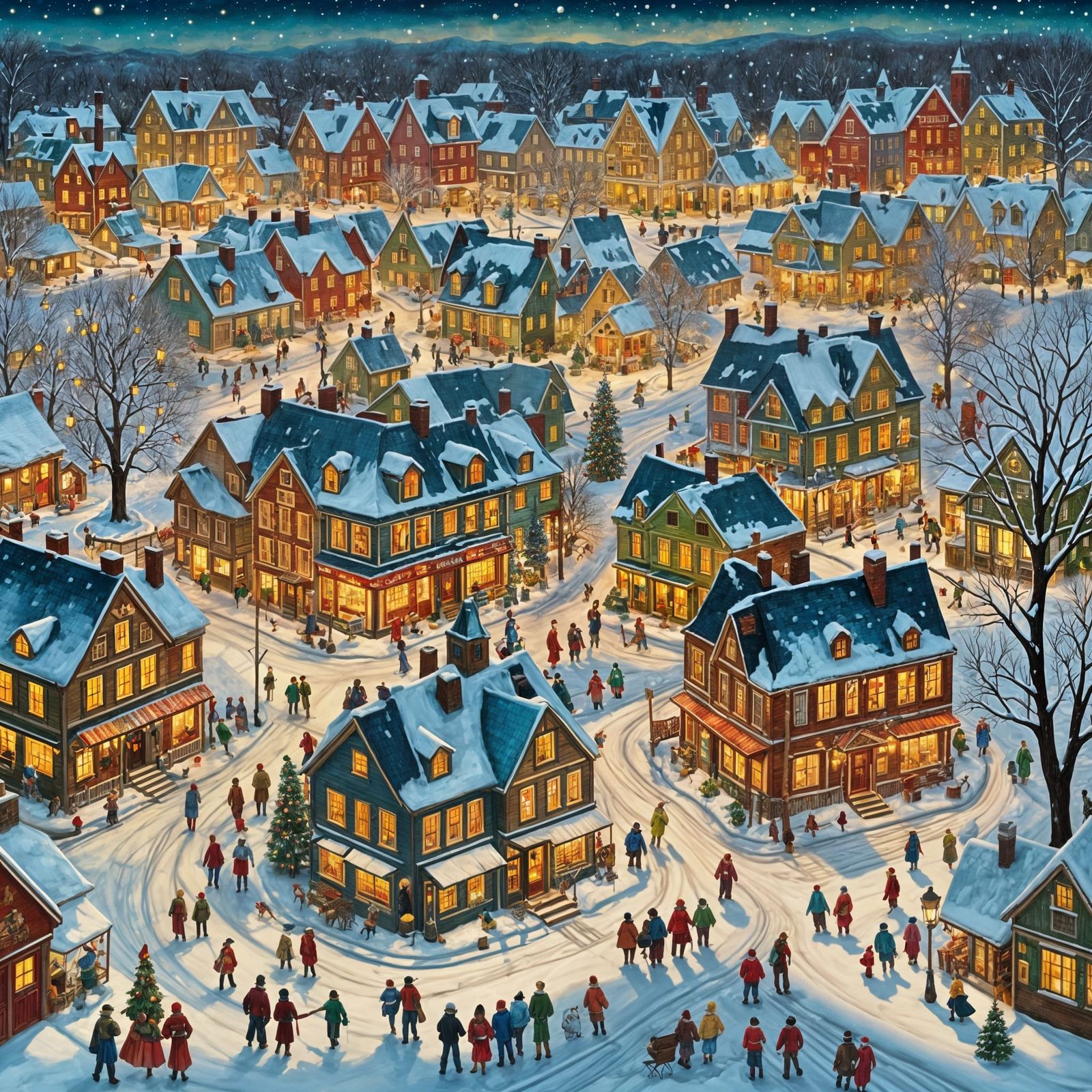 Whimsical Winter Wonderland in New England Folk Art Style