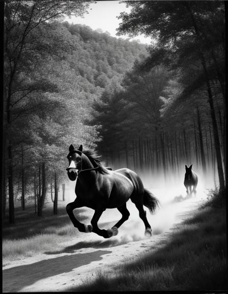 Horses Run Through Forest: Black and White Pencil Art