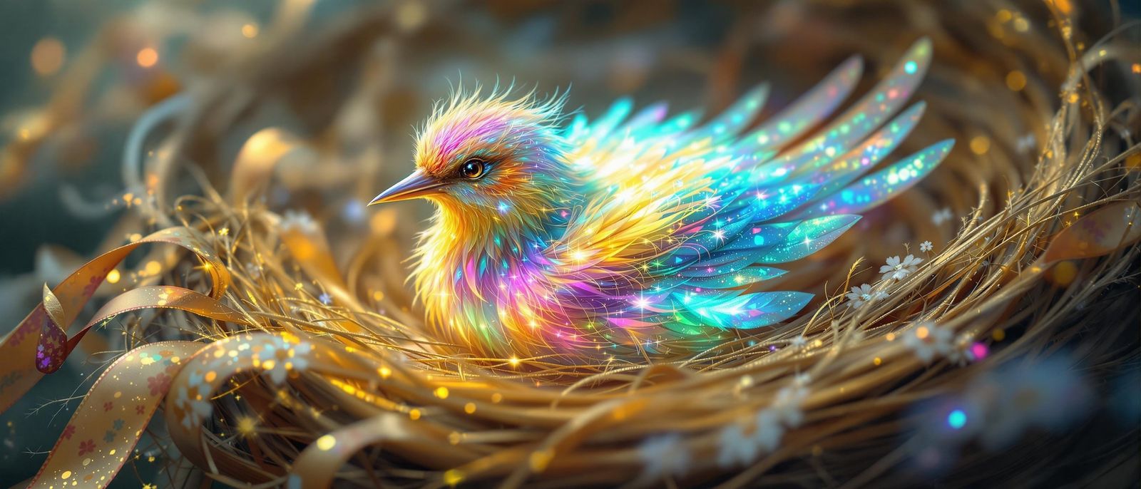 Ethereal Magical Bird in Vibrant Silk Nest