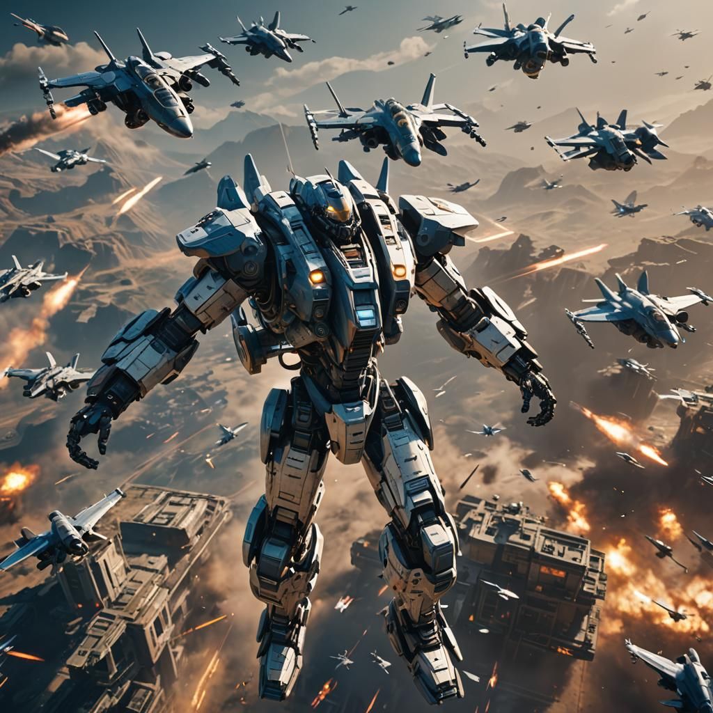 Mech Suit and Fighter Jets in 3D Cinematic Style
