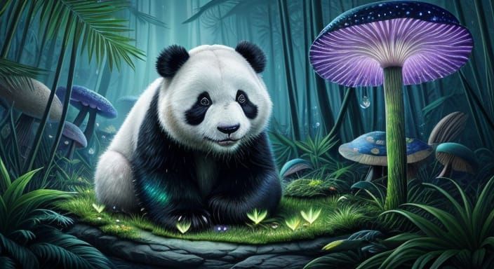 Hyperrealistic Panda in Bioluminescent Jungle Clearing