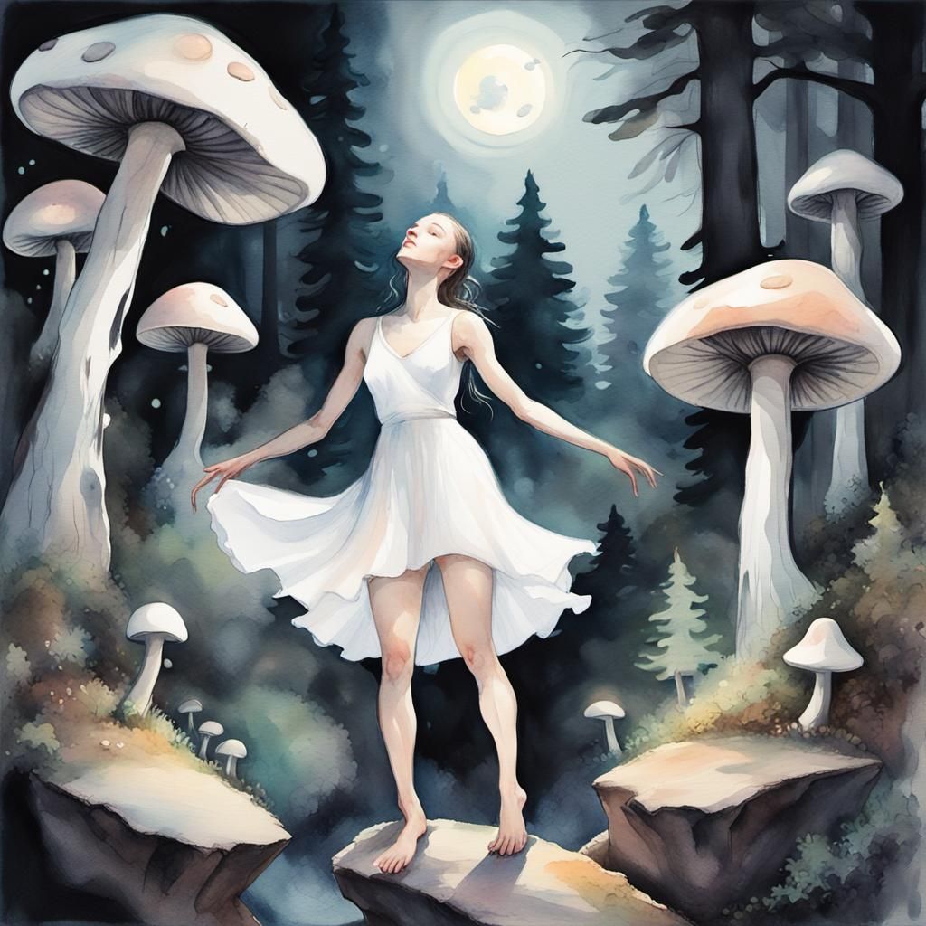 Moonlit Dancer in Forest: Watercolor and Charcoal